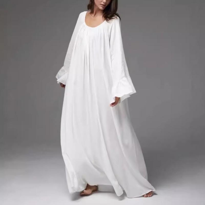 Sommer Neue Flare Ärmel Feste Beiläufige Übergroße Kleid Frauen Mode Elegante O Neck Lose Plus Größe Frauen Kleider Einfache A Linie Maxi Langes Kleid 26381 One Size weiß von Joom DACH