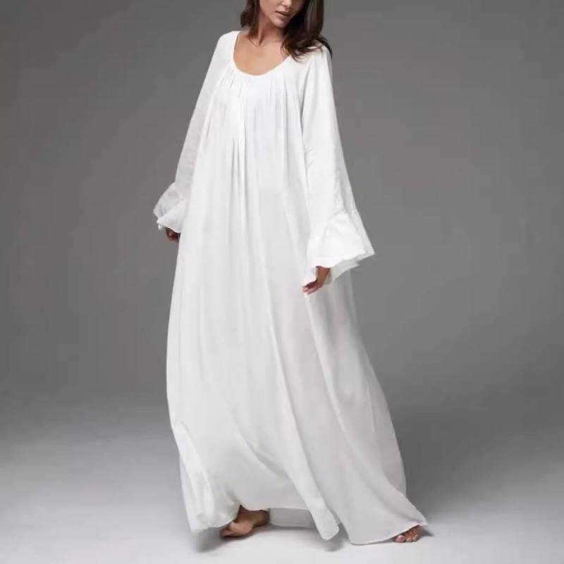 Sommer Neue Flare Ärmel Feste Beiläufige Übergroße Kleid Frauen Mode Elegante O Neck Lose Plus Größe Frauen Kleider Einfache A Linie Maxi Langes Kleid 26381 One Size weiß von Joom DACH