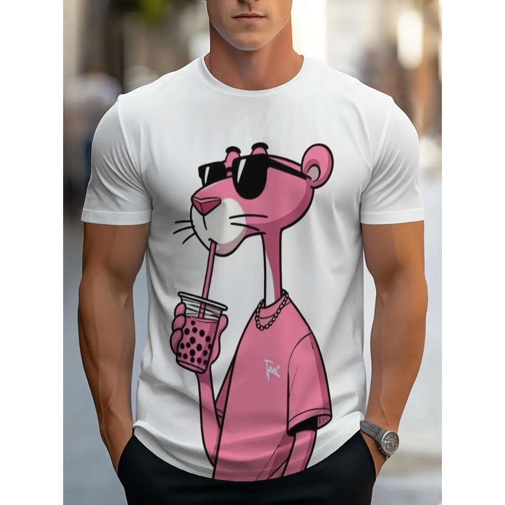 Sommer Neue Herren T-Shirts Cartoon Pink Panther Print Kurzarm O-Ausschnitt T-Shirts Lässig Locker Täglich Sport Übergroße Unisex Oberteile 3XL von Joom DACH