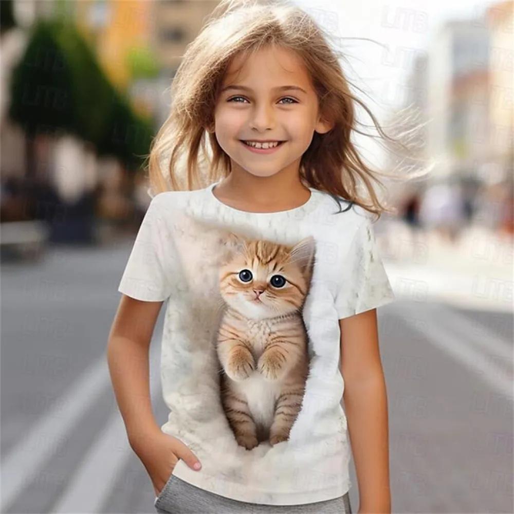 Sommer Neue Kinder Neue Süße Katze Muster 3d Druck T-Shirt Mädchen Mode Niedlichen Muster Casual Trendy Kurzarm Tops 140 von Joom DACH