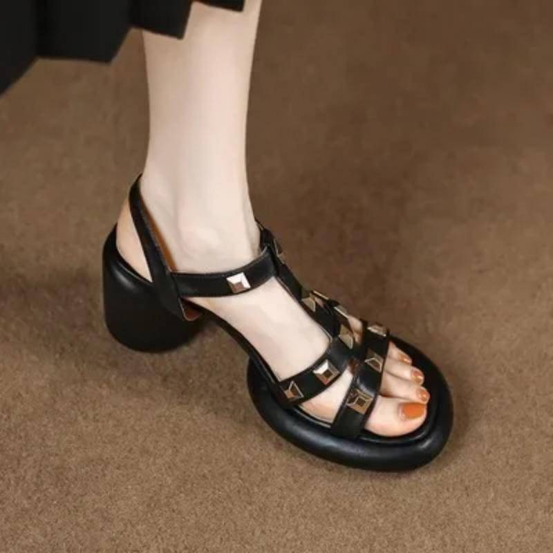 Sommer Neue Leder Dicker Absatz Offene Zehen Nieten Sandalen Damen Sommer High Heel Wasserdichte Plattform Römische Damenschuhe 39 schwarz von Joom DACH