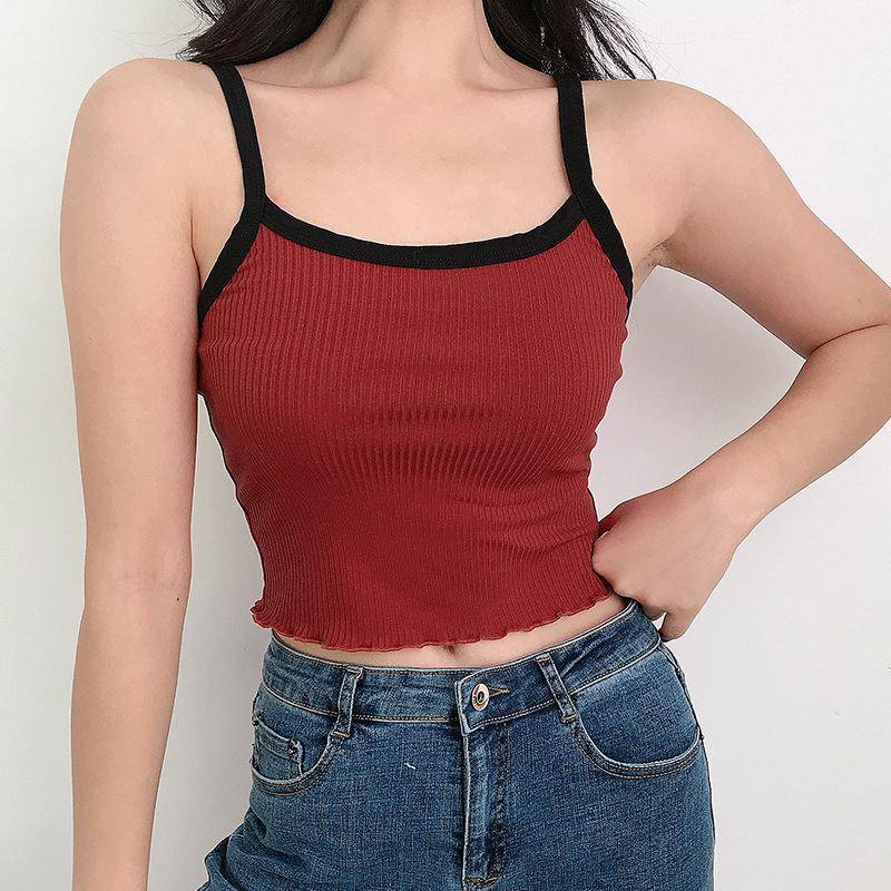Sommer Neue Mode Kontrast Farbe Tank Top Frauen Casual Fitness Kleidung Off Schulter Liebsten Crop Top Leibchen M rot von Joom DACH