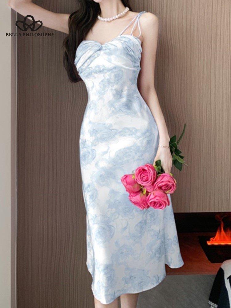 Sommer Neue Party Kleid Vintage Print Floral Spaghetti Strap Lace-up Midi Kleid Urlaub Strand Weibliche Elagant Boho Vestidos S blau von Joom DACH