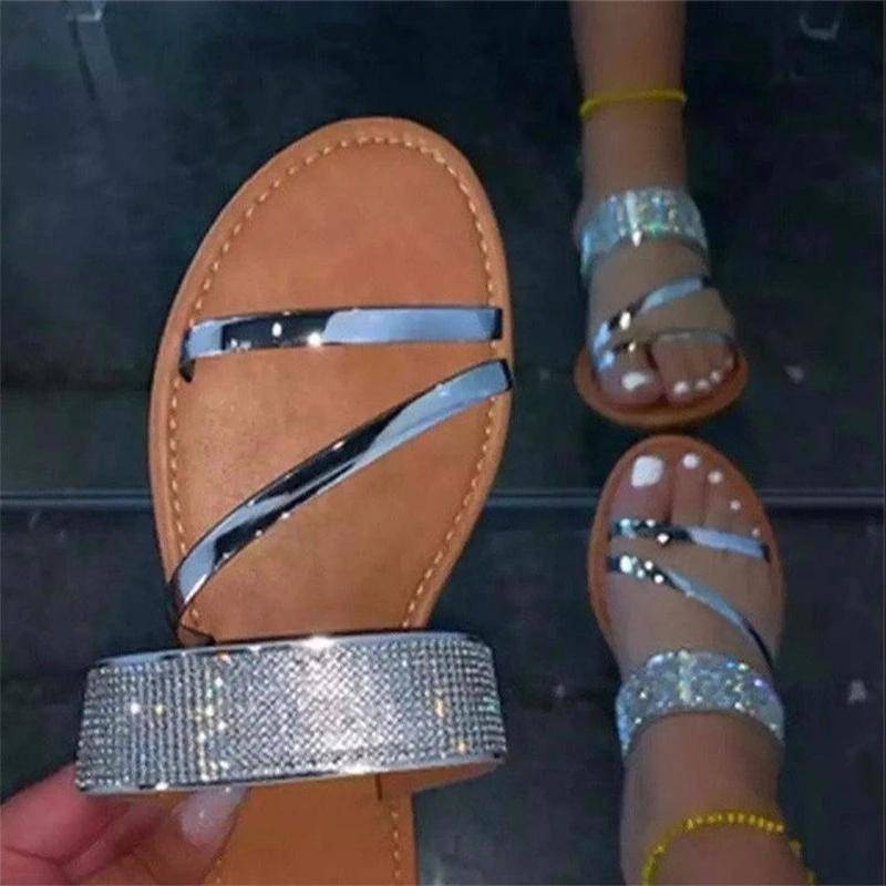 Sommer Neue Stil Römischen Strass Flache Outdoor Strass Hausschuhe Große Größe Hausschuhe Einfarbig Frauen Flache Strand Hausschuhe 41 silber von Joom DACH