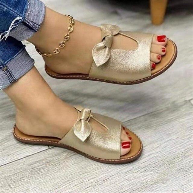 Sommer Neue Weiche Bequeme Flache Unterseite Frauen Sandalen Bowknot Mode Offene spitze Beliebte Weibliche Innen Haus Hausschuhe 41 gold von Joom DACH