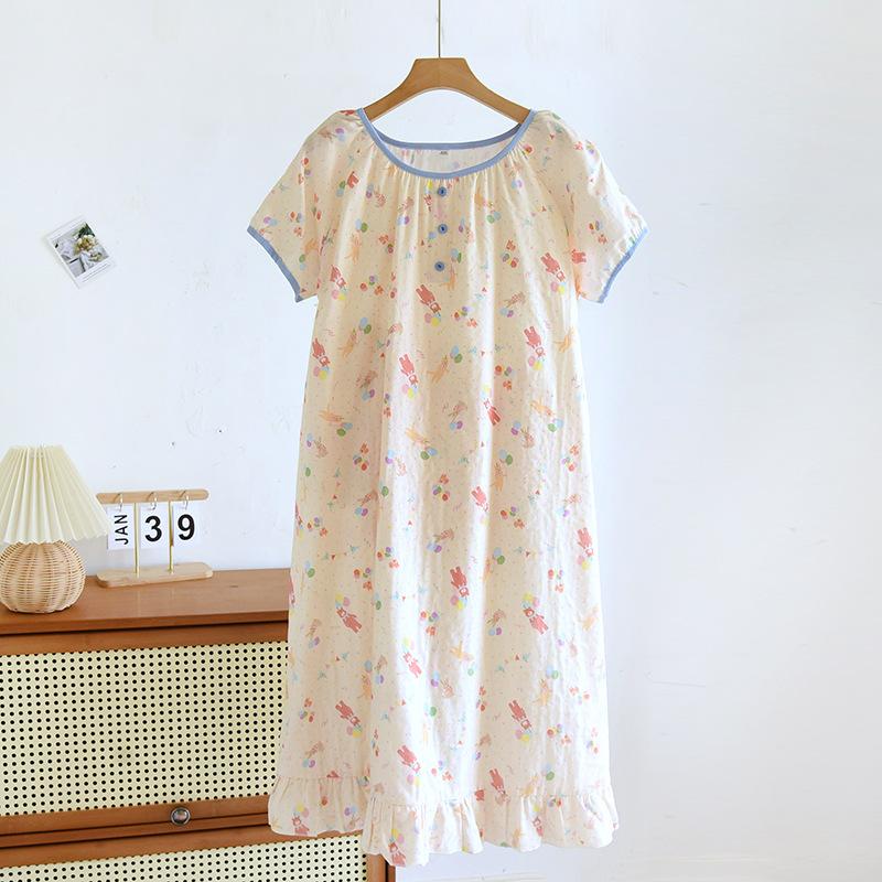 Sommer Neuer Damen Pyjama Rock 100% Reine Baumwolle Doppellagige Gaze Kurzarm Pyjama Rock Dünn Niedlich Pullover Hauskleid XL von Joom DACH