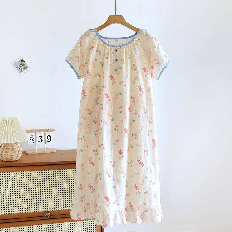 Sommer Neuer Damen Pyjama Rock 100% Reine Baumwolle Doppellagige Gaze Kurzarm Pyjama Rock Dünn Niedlich Pullover Hauskleid XL von Joom DACH