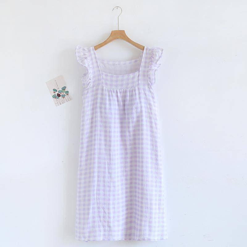 Sommer Neues Damen Nachthemd Weste 100% Baumwolle Große Größe Lockeres Karokleid mit Brustpolstern XL violett von Joom DACH