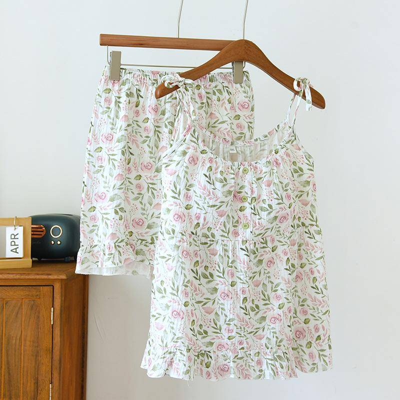 Sommer Neues Damen-Pyjama-Set 100% Baumwoll-Krepp Damen-Trägerhemd + Shorts Zweiteiliges Hausset M grün von Joom DACH