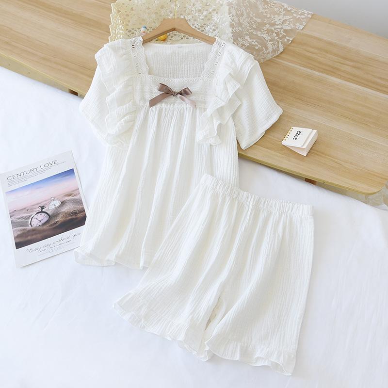 Sommer Neues Kurzarm-Shorts Damen Pyjama-Set 100% Baumwoll-Krepp Uni Frische Hausbekleidung Zweiteiliges Set XL weiß von Joom DACH