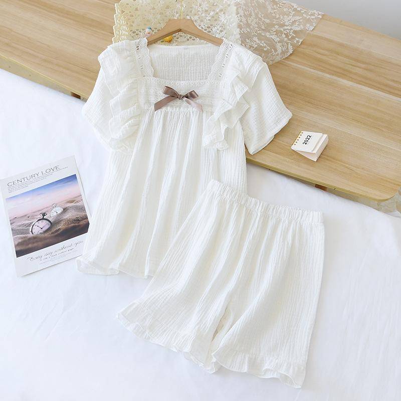Sommer Neues Kurzarm-Shorts Damen Pyjama-Set 100% Baumwoll-Krepp Uni Frische Hausbekleidung Zweiteiliges Set XL weiß von Joom DACH