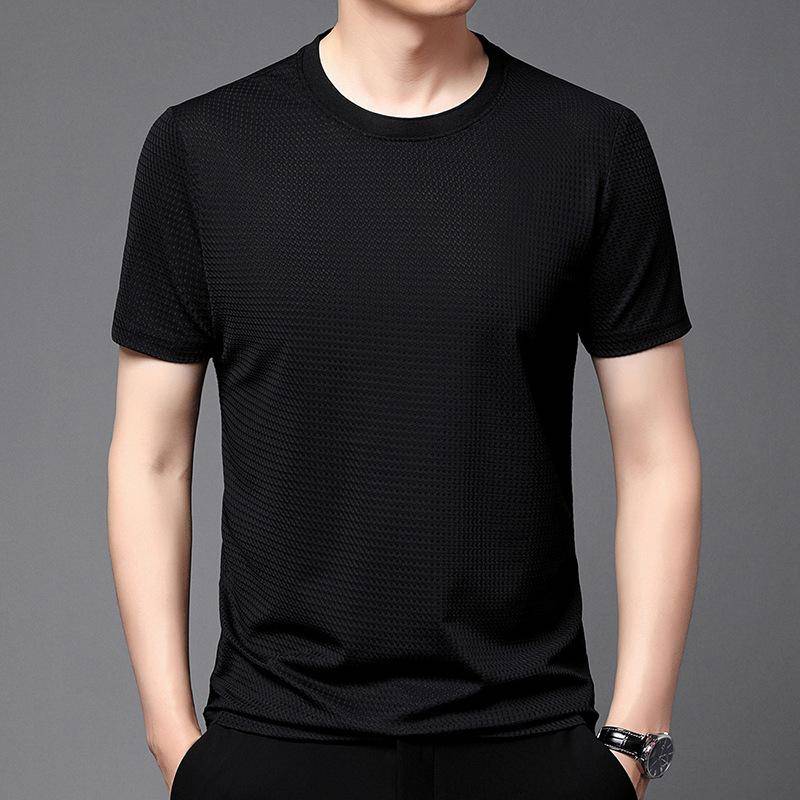 Sommer Neues Reines Farbe Jacquard Rundhals Herren T-Shirt Atmungsaktiv Gerade Lässig Mode Dünn Kurzarm Herren XXXXL von Joom DACH