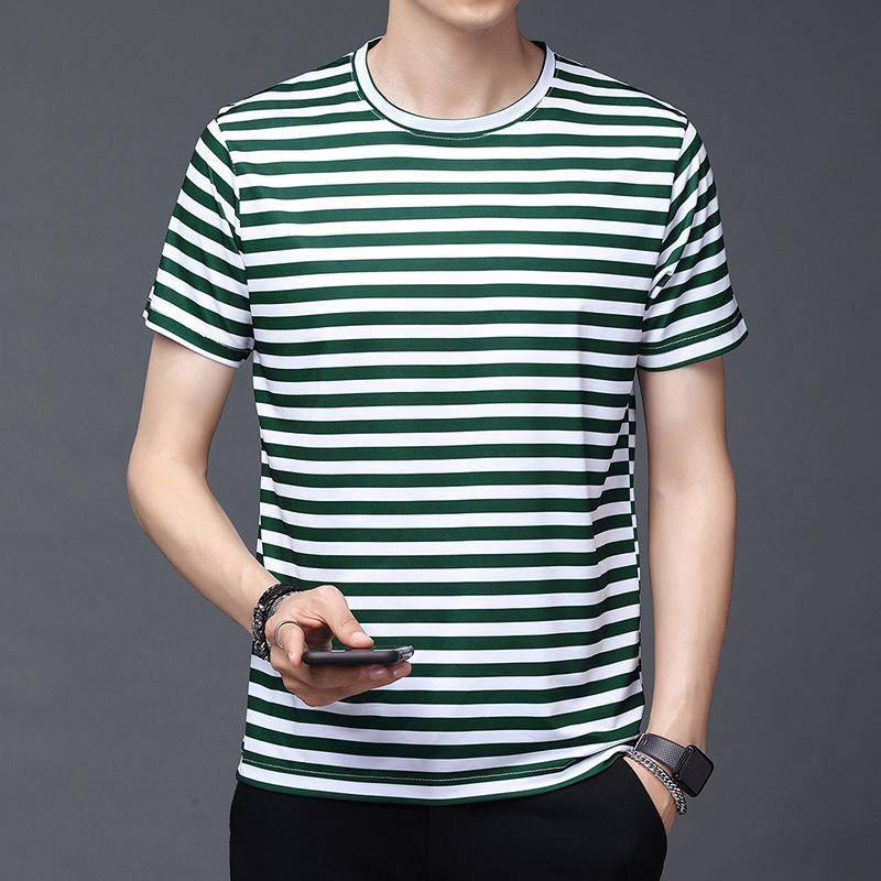 Sommer New Style Jugend Dünn Mercerisiert Lose Gestreift Rundhals Herren Casual Kurzarm Kragenloses Hemd Herren Trend L grün von Joom DACH