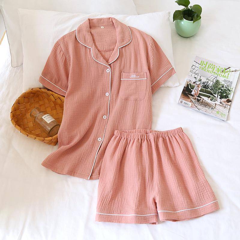 Sommer Paar Pyjama Set Reine Baumwolle Krepp Damen Einfarbig Schlicht Kurzarmhemd Shorts Pyjama Set Damen XL von Joom DACH