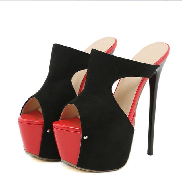 Sommer Peep Toe Extreme High Heels Hausschuhe für Frauen Nieten Design Plateau Sandalen Party Pole Dance Schuhe Pumps 42 schwarz von Joom DACH
