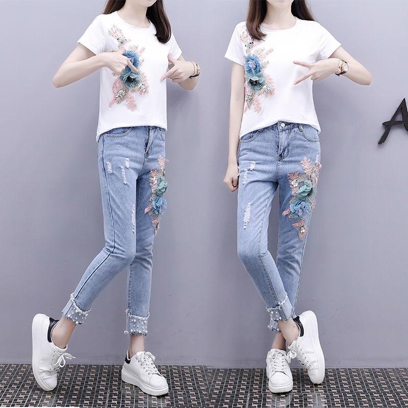 Sommer Perlen Frauen Sets Schwere Arbeit Stickerei 3D Blume Kurzarm T Shirt Und Jeans 2 stücke Kleidung Weibliche Casual anzüge XL von Joom DACH