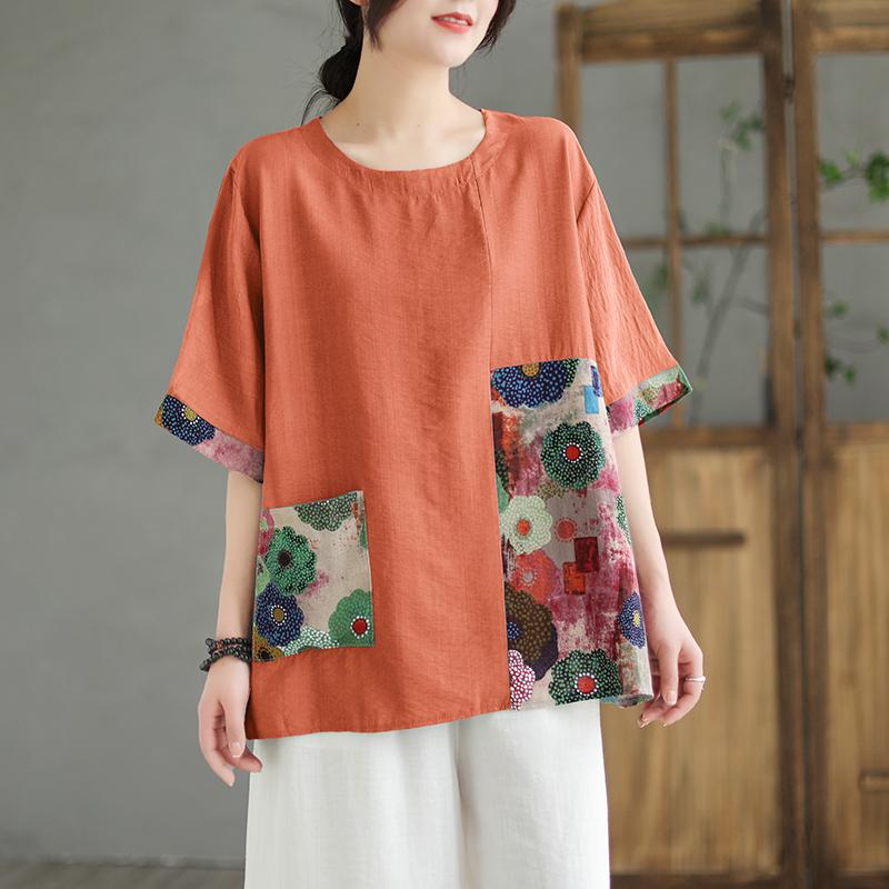 Sommer Plus Size Damen T-Shirts Kurzarm Tops Tees Lose Vintage Casual Patchwork Floral Baumwolle Leinen Hemd 2XL orange von Joom DACH