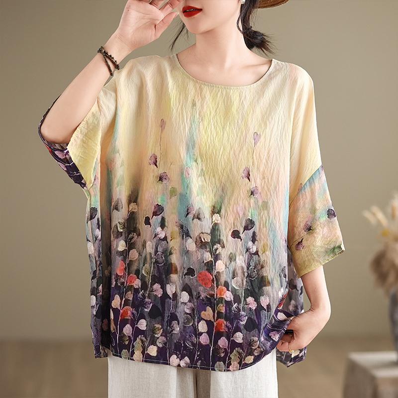 Sommer Plus Size Damen T-Shirts Print Floral Elegante Fledermausärmel Tops Tees Lose Casual Leinenhemd One Size von Joom DACH