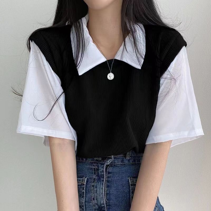 Sommer Polo Revers Fake Zweiteiler College Stil Kontrastfarbe Kurzarm T-Shirt Damen Locker Lässig Vielseitiges Oberteil M schwarz von Joom DACH