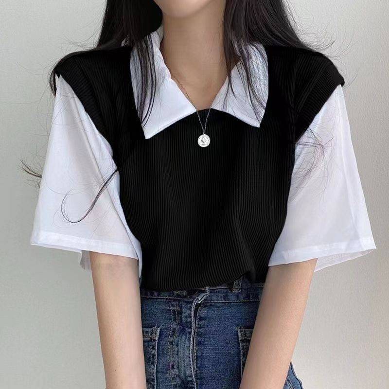 Sommer Polo Revers Fake Zweiteiler College Stil Kontrastfarbe Kurzarm T-Shirt Damen Locker Lässig Vielseitiges Oberteil M schwarz von Joom DACH