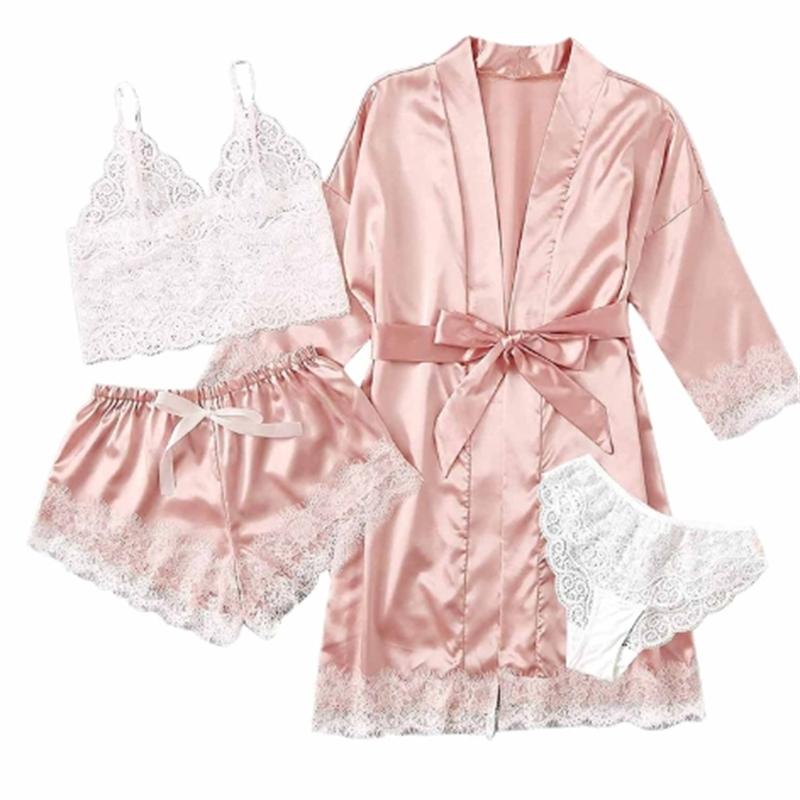 Sommer-Pyjama-Set für Damen, Spitze, vierteiliges Hosenträger-Set, lässiger und bequemer Pyjama 2XL von Joom DACH