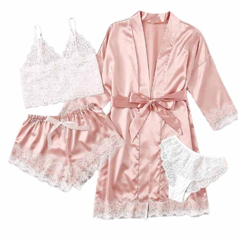 Sommer-Pyjama-Set für Damen, Spitze, vierteiliges Hosenträger-Set, lässiger und bequemer Pyjama 2XL von Joom DACH