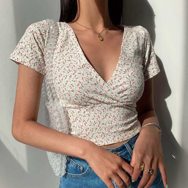 Sommer Retro Floral V-ausschnitt KurzarmT-shirt Schlank Abnehmen Wilden Hohe Taille frauen Top Y2k Stil Crop Tops Streetwear t-shirt L von Joom DACH