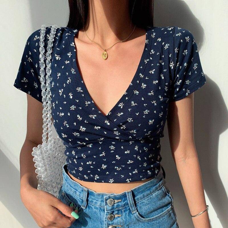 Sommer Retro Floral V-ausschnitt KurzarmT-shirt Schlank Abnehmen Wilden Hohe Taille frauen Top Y2k Stil Crop Tops Streetwear t-shirt S von Joom DACH