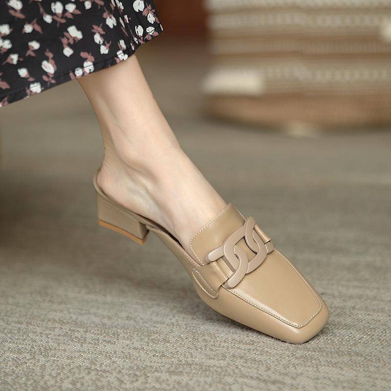Sommer Retro Semi-Slipper Kette Frau Damen Mittelhoch Absatz Runde Spitze Goldkette Geschlossene Zehenpartie Freizeitschuhe 36 apricot von Joom DACH