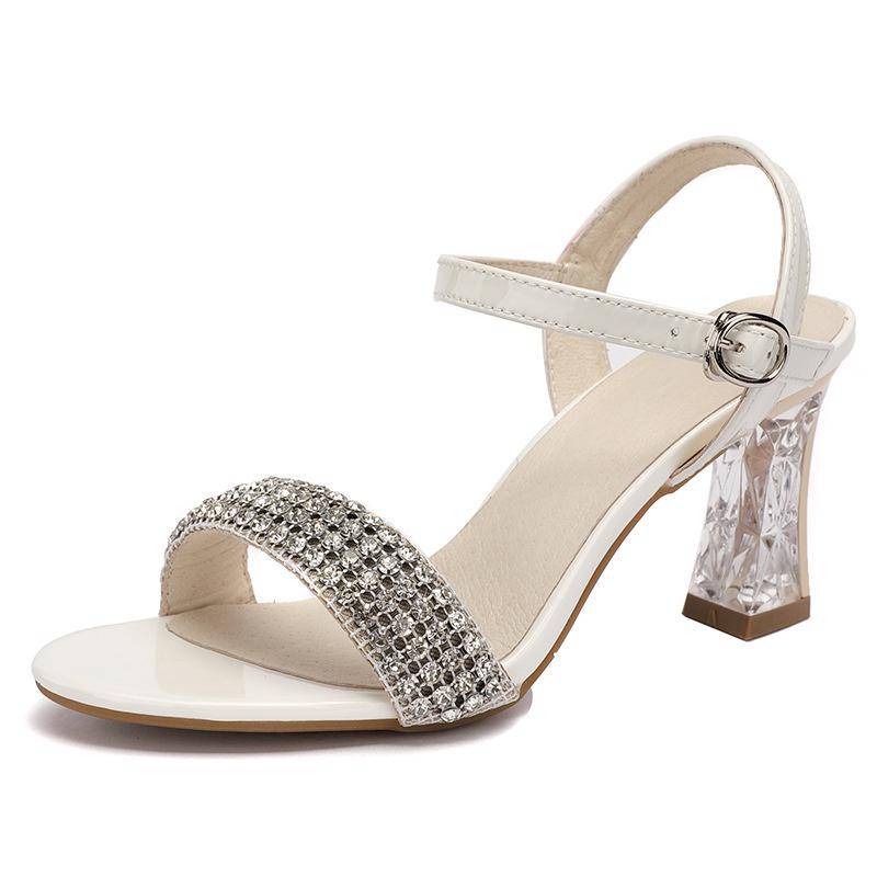 Sommer Schwarzes Leder Strass High Heel Sandalen Damen Knöchelriemen mit Schnalle Klassische Pumps Mode Party Sandalen 35 von Joom DACH