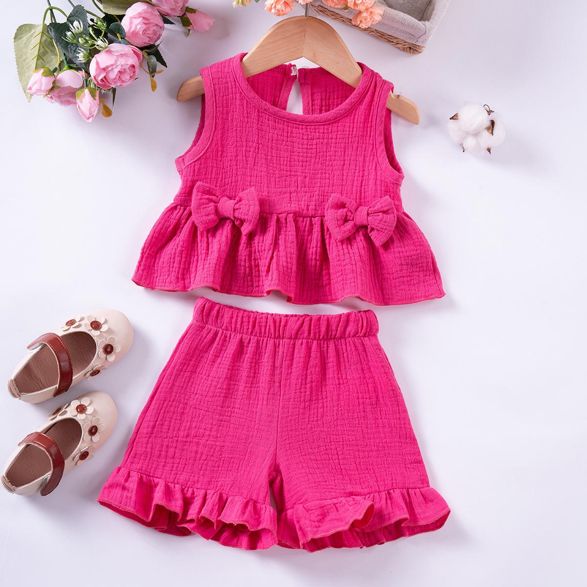 Sommer-Set aus Baumwollweste und Shorts mit Schleife für Mädchen – süße, bequeme, ärmellose Freizeitkleidung 80 (1 Year) fuchsie von Joom DACH
