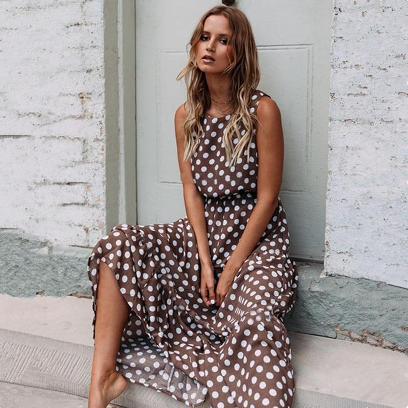 Sommer Sexy O Hals Ärmelloses Boho Polka Dot Print Maxi Kleid Neue Casual Damen Party Langes Kleid S kaffeebraun von Joom DACH