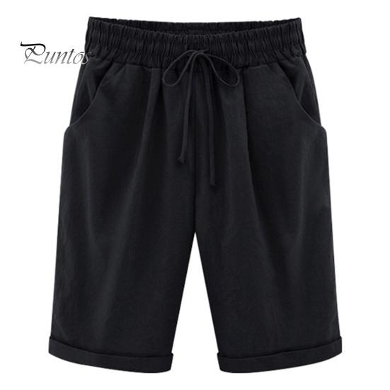 Sommer Shorts Damen Kordelzug Elastische Taille Knielang Weites Bein Lose Seitentaschen Dünn Übergröße Lässig Reine Farbe Dame Kurze Hose 3XL schwarz von Joom DACH