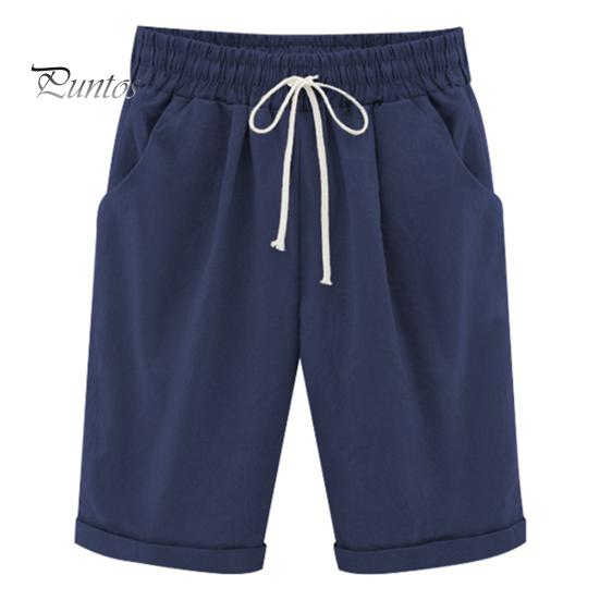 Sommer Shorts Damen Kordelzug Elastische Taille Knielang Weites Bein Lose Seitentaschen Dünn Übergröße Lässig Reine Farbe Dame Kurze Hose 3XL dunkelblaue von Joom DACH