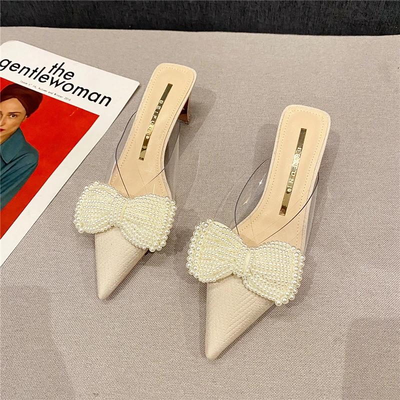 Sommer Spitz Frauen Hausschuhe Mode Elegante Schmetterling-knoten Singbacks Maultiere Slides Schuhe Damen Outdoor High Heel Sandalias 35 beige von Joom DACH