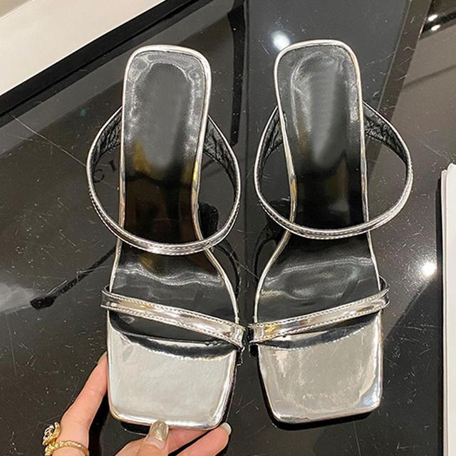 Sommer Square Toe Damen Hausschuhe Outdoor Street Gladiator Sandalen dünne High Heels Pantoletten Strand Sliders Frauen Schuhe Pumps 35 silber von Joom DACH