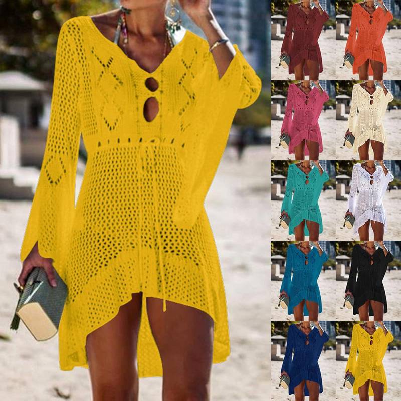 Sommer Strand Cover Up Frauen Aushöhlen Stricken Rock Trompete Ärmel Strand Küste Bikini Bluse Sonnenschutz Kleidung blau von Joom DACH