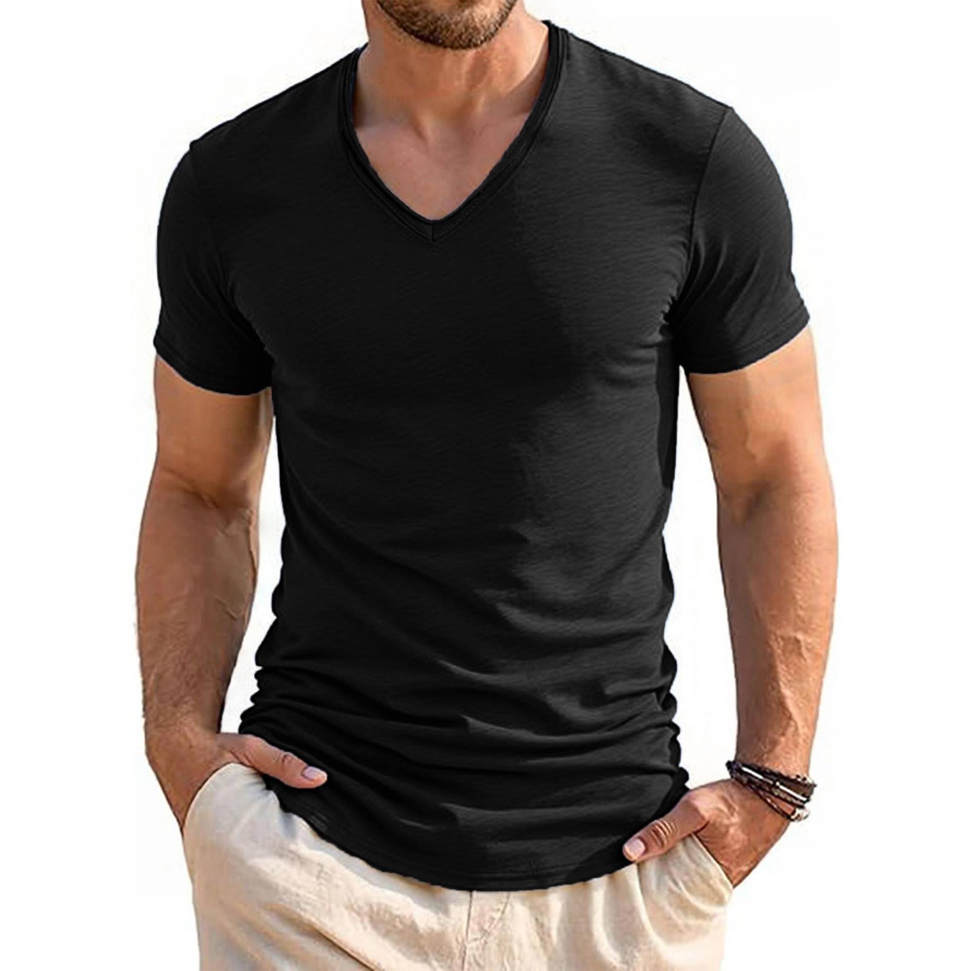 Sommer Strand Herren T-Shirt V-Ausschnitt Slim Fit Reine Farbe Kurzarm Baumwolle Top T-Shirts Männlich Fitness M schwarz von Joom DACH