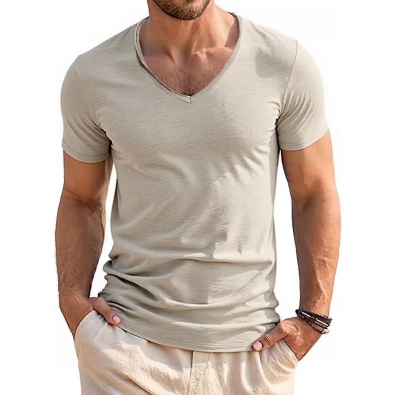 Sommer Strand Herren T-Shirt V-Ausschnitt Slim Fit Reine Farbe Kurzarm Baumwolle Top T-Shirts Männlich Fitness M khaki von Joom DACH