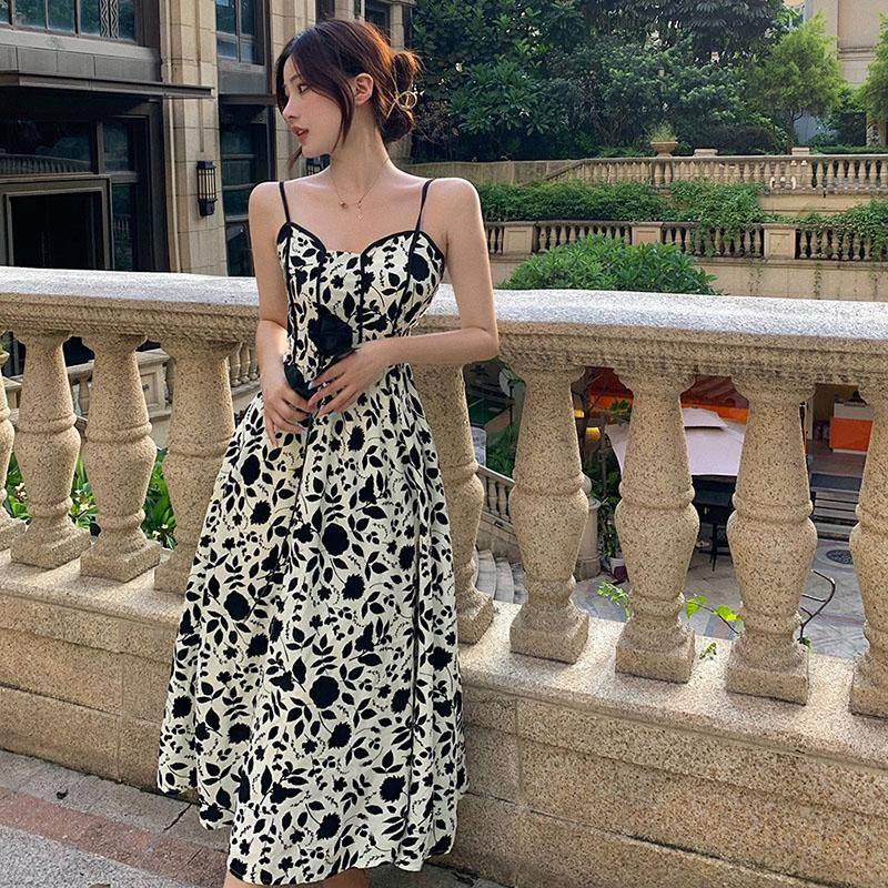 Sommer Strapskleid Damen Sommer Langes Blumenkleid V-Ausschnitt Taille Lady Style Kleid Hohe Taille A-Linie Rock L schwarz von Joom DACH
