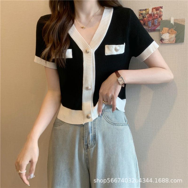 Sommer-Strickjacke mit V-Ausschnitt für Damen – trendiges, kurz geschnittenes T-Shirt aus Eisseide mit hoher Taille One Size [fits 75-120 lbs] schwarz von Joom DACH