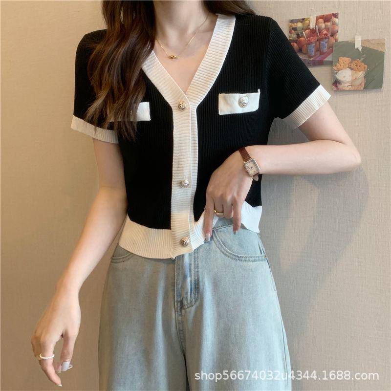 Sommer-Strickjacke mit V-Ausschnitt für Damen – trendiges, kurz geschnittenes T-Shirt aus Eisseide mit hoher Taille One Size [fits 75-120 lbs] schwarz von Joom DACH