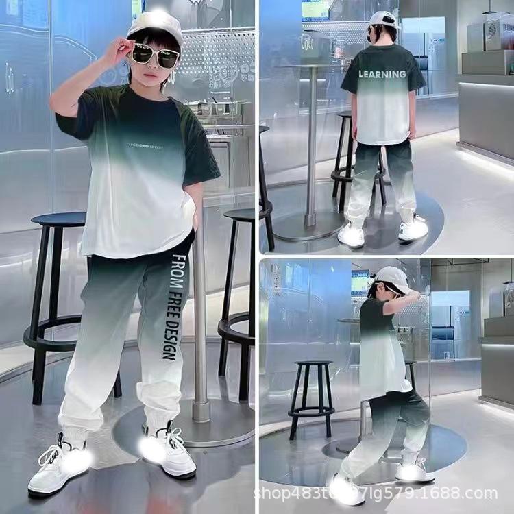 Sommer Teenager Jungen Kleidung Lässiges Outfit Kinder Farbverlauf Trainingsanzug Kind T-Shirt + Knöchelbundhose 160 von Joom DACH