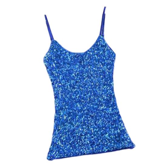 Sommer-Trägershirt für Damen, glänzende Pailletten, ärmellos, verstellbarer Spaghettiträger, schmale Passform, weicher Pullover, elastisch, glitzerndes Bühnen-Tanktop dunkelblaue von Joom DACH