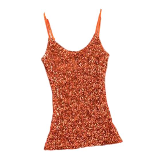 Sommer-Trägershirt für Damen, glänzende Pailletten, ärmellos, verstellbarer Spaghettiträger, schmale Passform, weicher Pullover, elastisch, glitzerndes Bühnen-Tanktop orange von Joom DACH
