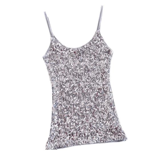 Sommer-Trägershirt für Damen, glänzende Pailletten, ärmellos, verstellbarer Spaghettiträger, schmale Passform, weicher Pullover, elastisch, glitzerndes Bühnen-Tanktop silber von Joom DACH