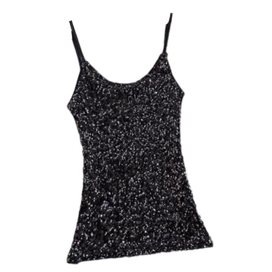 Sommer-Trägershirt für Damen, glänzende Pailletten, ärmellos, verstellbarer Spaghettiträger, schmale Passform, weicher Pullover, elastisch, glitzerndes Bühnen-Tanktop schwarz von Joom DACH