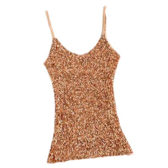 Sommer-Trägershirt für Damen, glänzende Pailletten, ärmellos, verstellbarer Spaghettiträger, schmale Passform, weicher Pullover, elastisch, glitzerndes Bühnen-Tanktop von Joom DACH