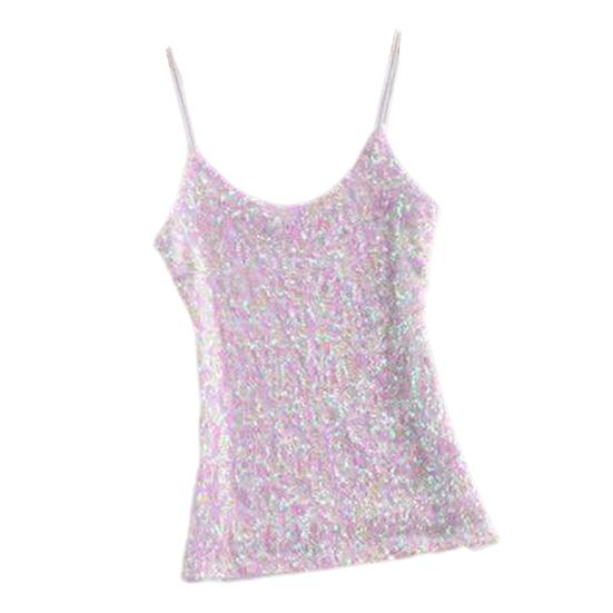 Sommer-Trägershirt für Damen, glänzende Pailletten, ärmellos, verstellbarer Spaghettiträger, schmale Passform, weicher Pullover, elastisch, glitzerndes Bühnen-Tanktop weiß von Joom DACH