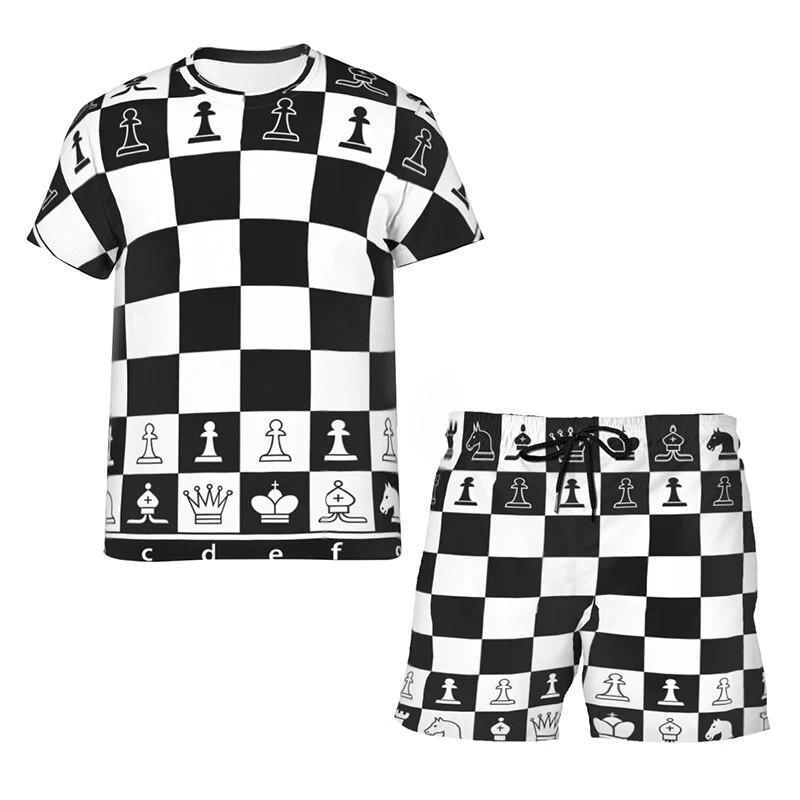 Sommer-Trainingsanzug mit Schach-3D-Druck, Rundhals-T-Shirts und Shorts, klassische Herren-/Damen-Outfits für den Alltag, 6 Stile, XS-5XL S von Joom DACH